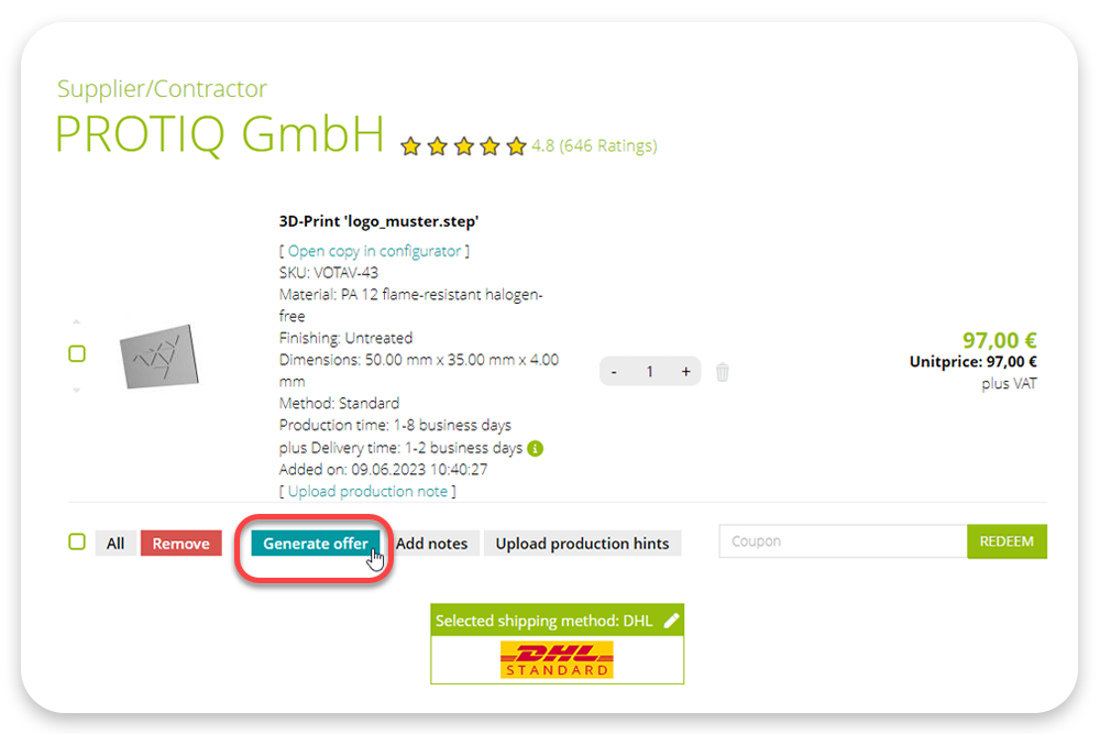 Screenshot of protiq.com: Offers can be downloaded in the shopping cart